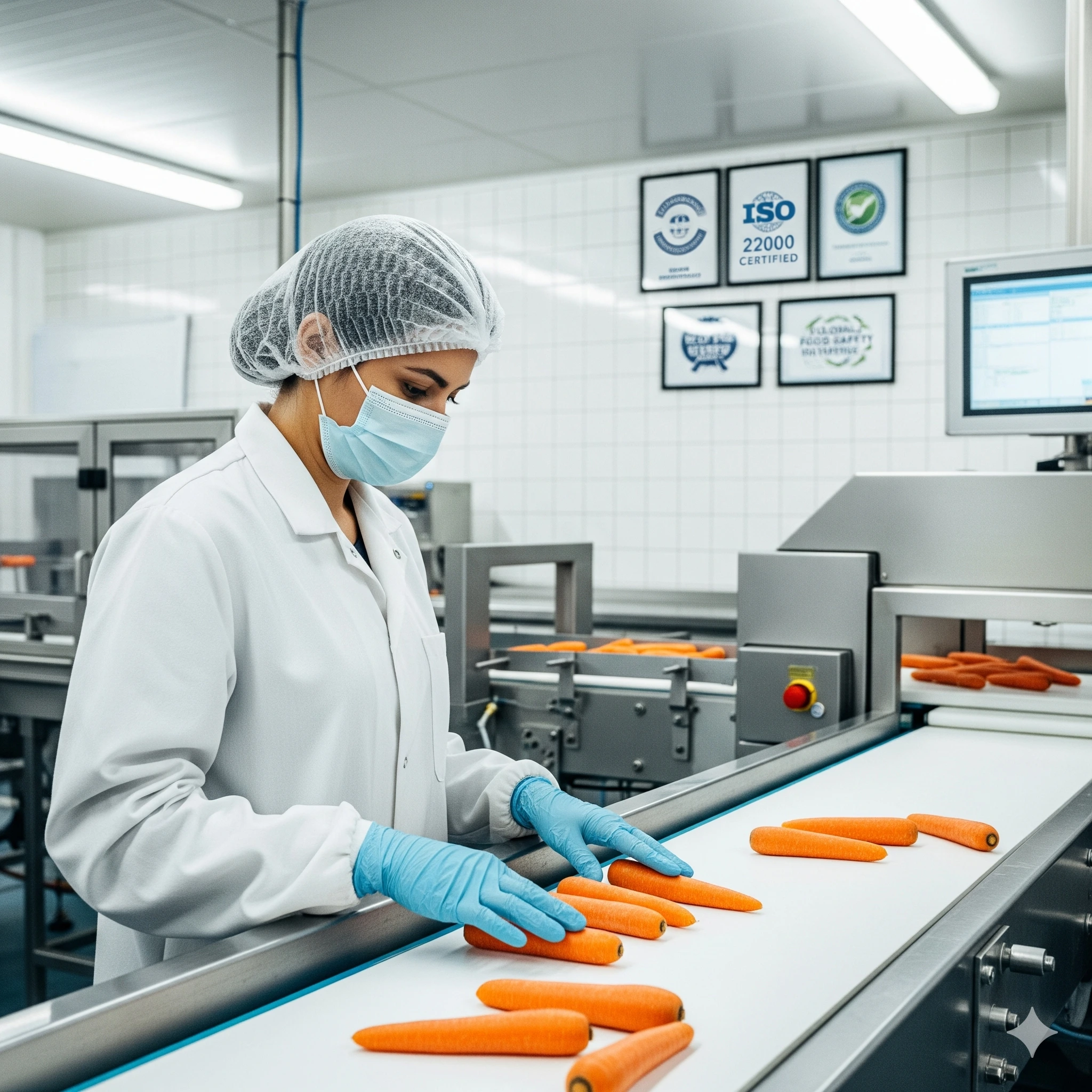 Inspectora de calidad una banda transportadora dentro de una planta de alimentos higiénica y estéril, garantizando inocuidad y cumplimiento con FSSC 22000.