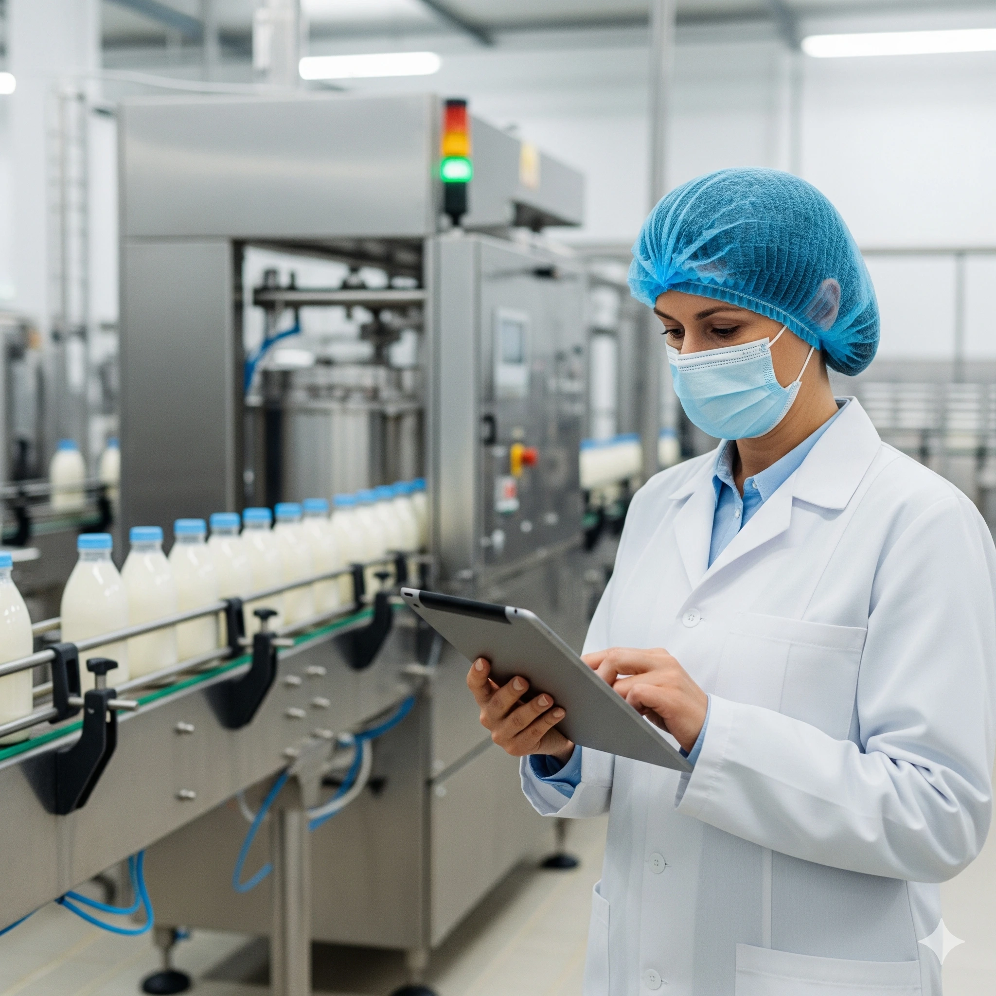 Auditor de inocuidad alimentaria revisando checklist digital en línea de producción de alimentos frescos dentro de planta higiénica, garantizando certificación HACCP y prevención de riesgos.