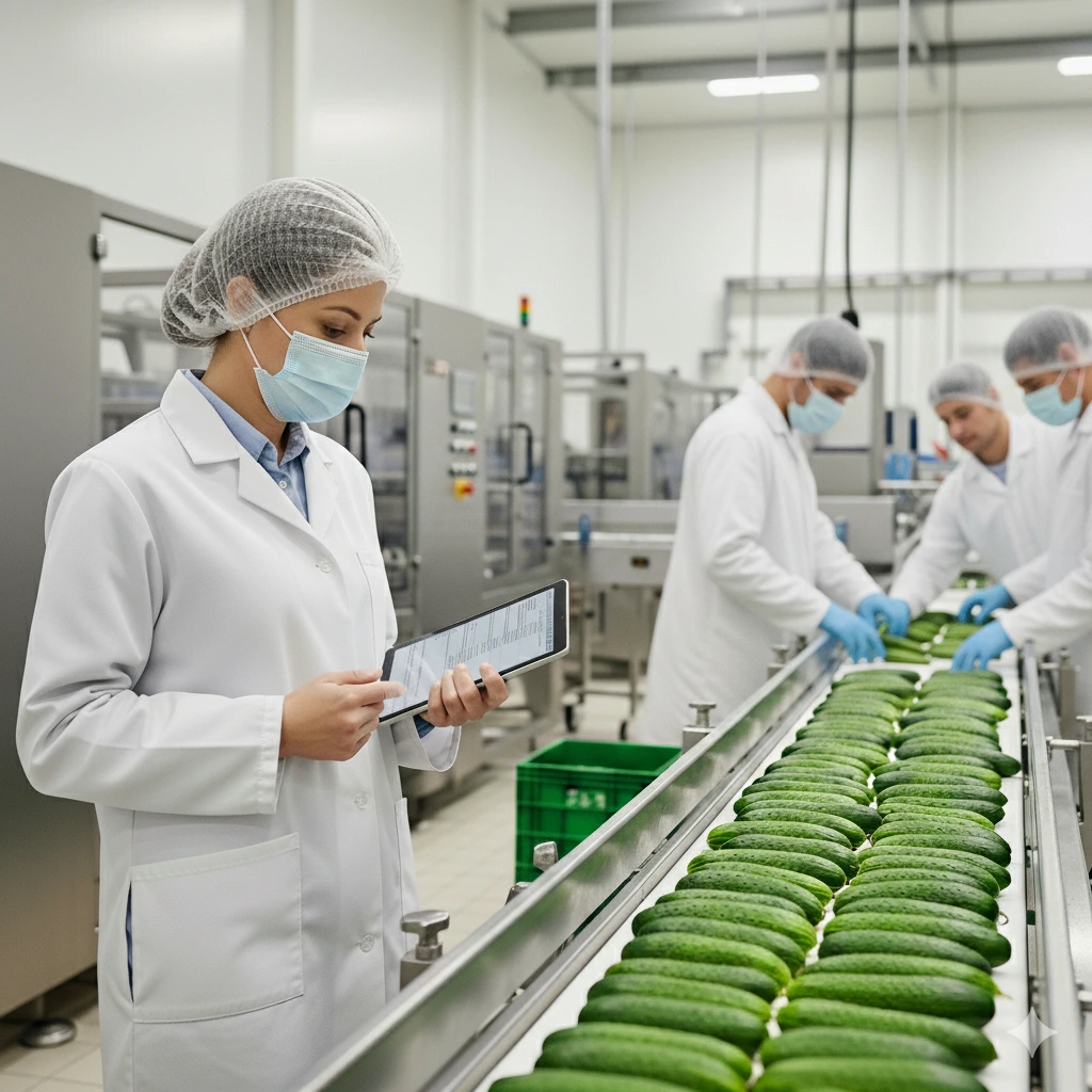 Auditor de inocuidad alimentaria revisando línea de producción de vegetales frescos junto a un equipo técnico, garantizando certificación FSSC 22000, calidad e higiene en planta.