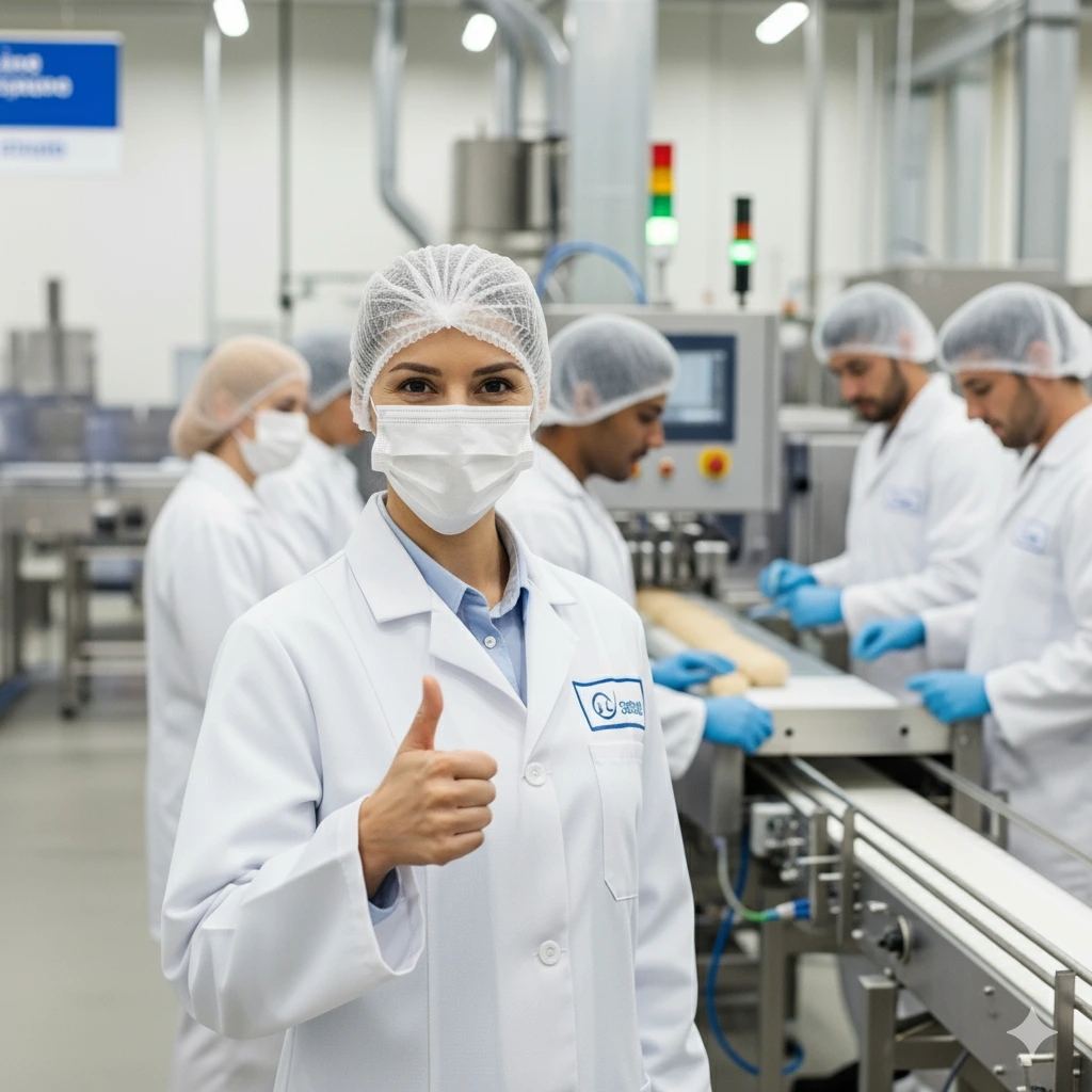 Consultora de inocuidad alimentaria revisando checklist digital junto a responsable de calidad en planta higiénica, validando requisitos para certificación FSSC 22000 en 5 meses