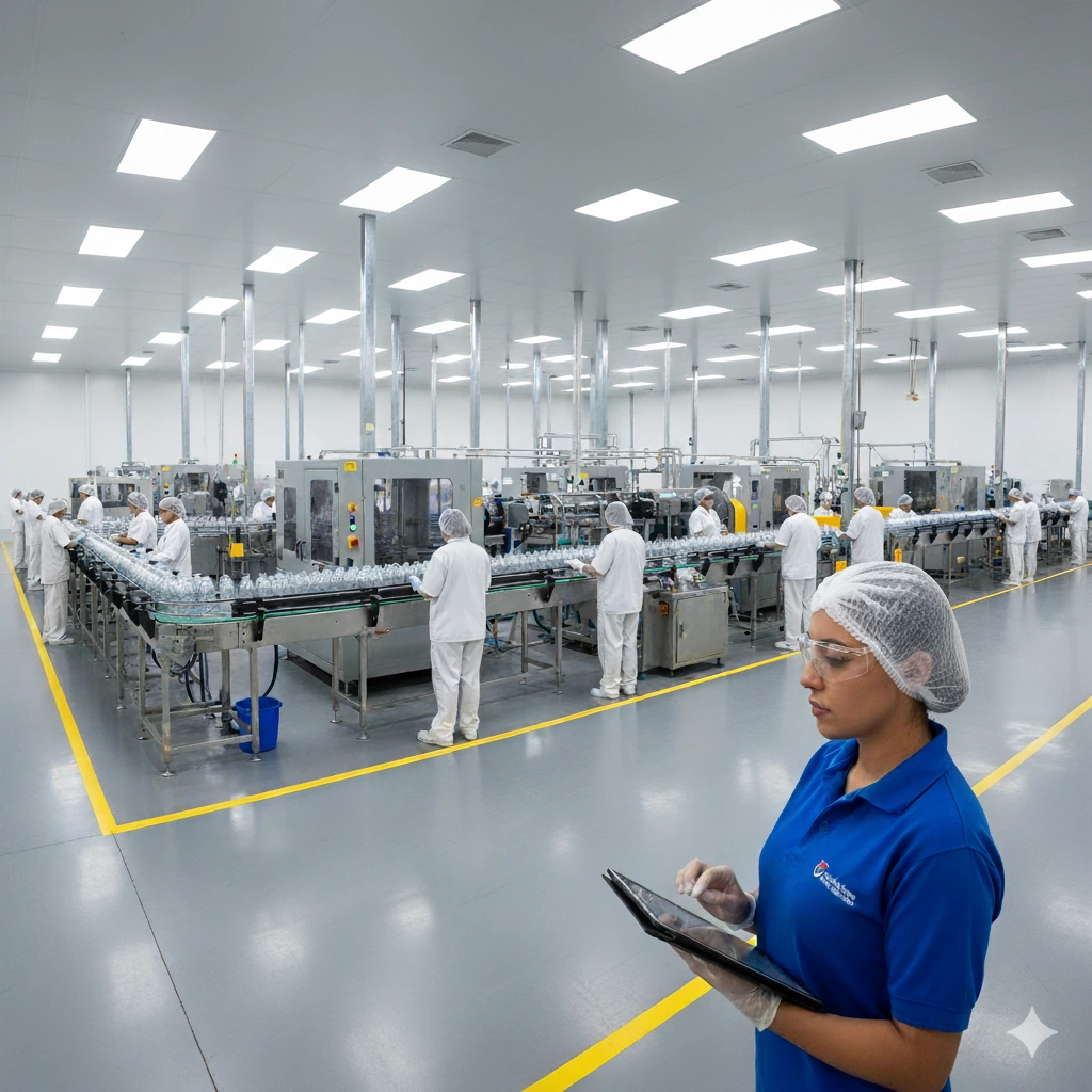 Supervisora revisando requisitos de calidad en planta de producción de empaques, transmitiendo control y cumplimiento para certificación HACCP en 5 meses.