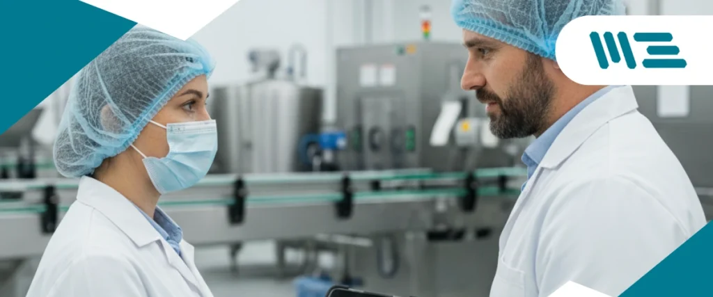 Planta de procesamiento de alimentos moderna e impecable, con trabajadores aplicando los controles preventivos y buenas prácticas de manufactura, base del plan de inocuidad FSVP.