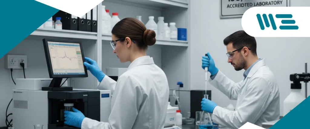 Técnico de laboratorio con bata blanca y guantes analizando muestras de un producto para obtener los datos necesarios para un Certificado de Análisis.