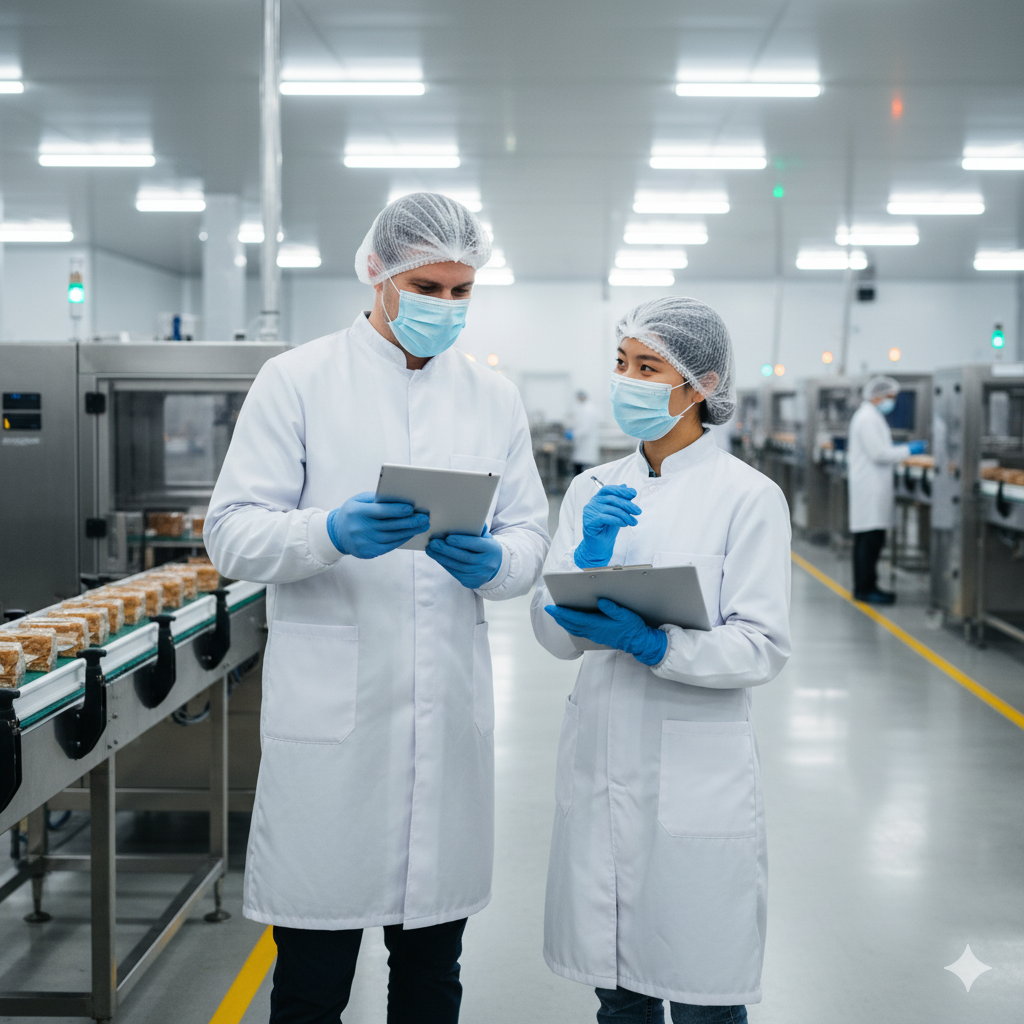 Auditor SMETA evaluando condiciones laborales éticas en planta fabricación