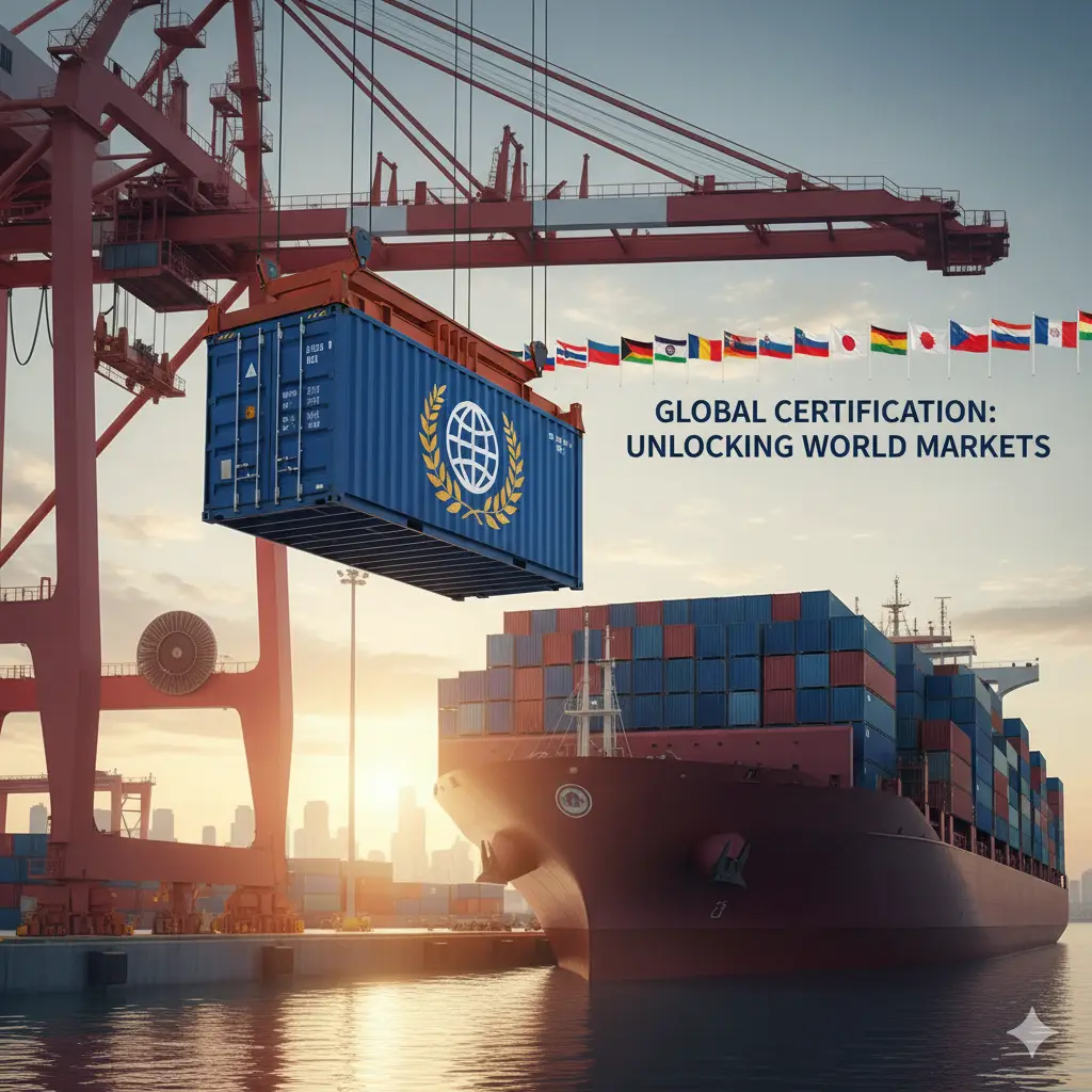Contenedor de carga listo para ser exportado con el logo BRC, representando el acceso a mercados globales para alimentos certificados.