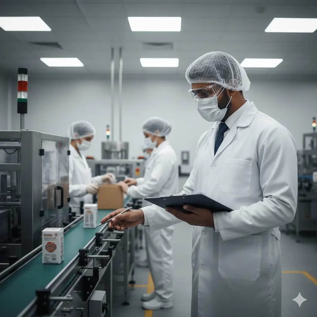 Auditor de calidad con la norma BRCGS realizando una inspección detallada en una moderna línea de producción de alimentos.