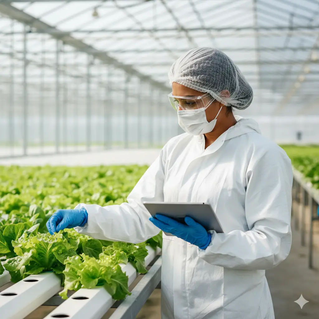 Empleado en área de recepción inspeccionando la calidad de la materia prima, un paso clave de las Buenas Prácticas de Manufactura para prevenir contaminación.