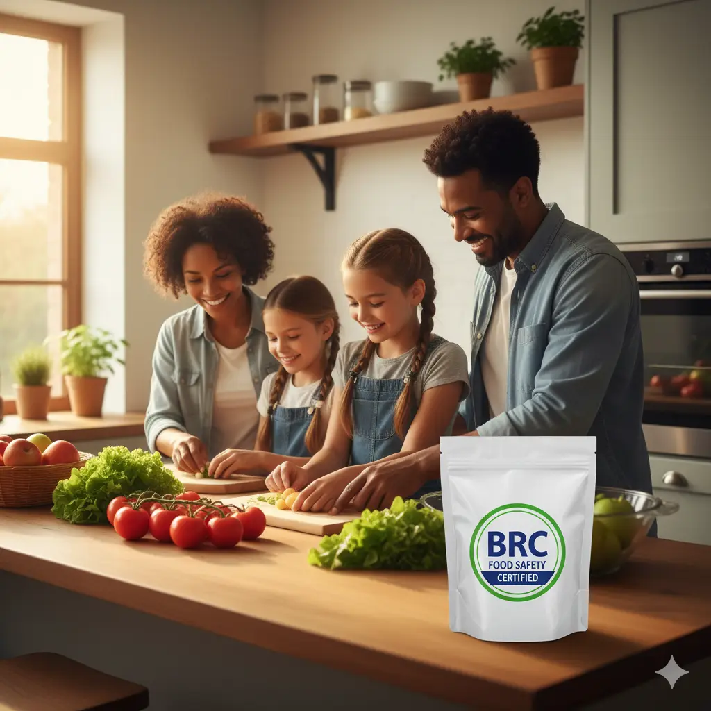 Familia sonriente en su cocina preparando alimentos con un producto que muestra visiblemente el sello de certificación BRCGS