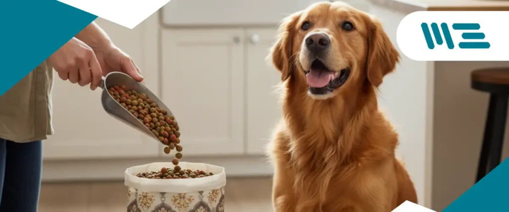 control-calidad-ingredientes-pet-food-fda perro feliz junto a bolsa de alimento natural para mascotas con etiqueta conforme a aafco y fda, representando regulaciones de pet food en estados unidos