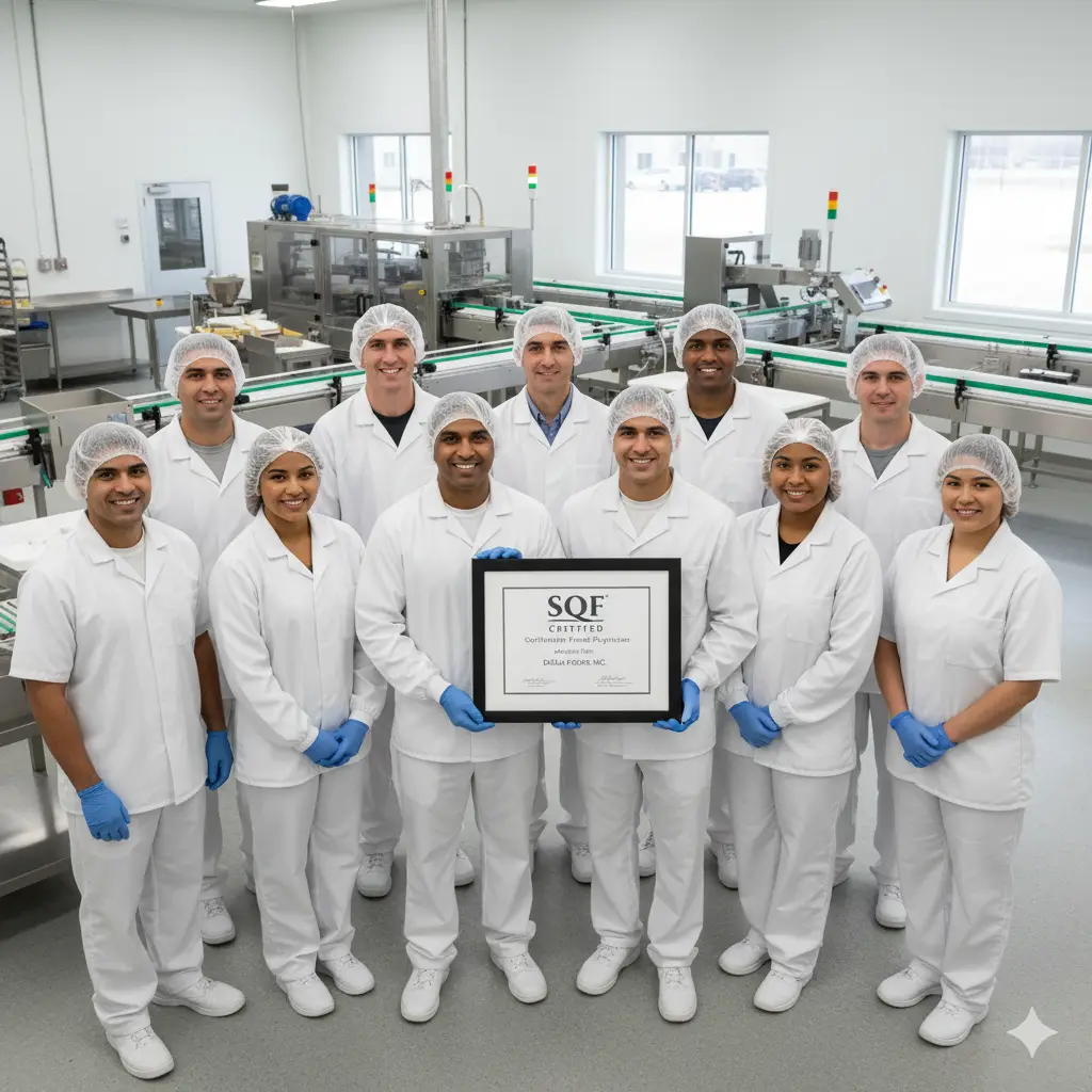Equipo de trabajo de una empresa de alimentos posando orgulloso con su certificado SQF, reflejando su compromiso con la calidad.