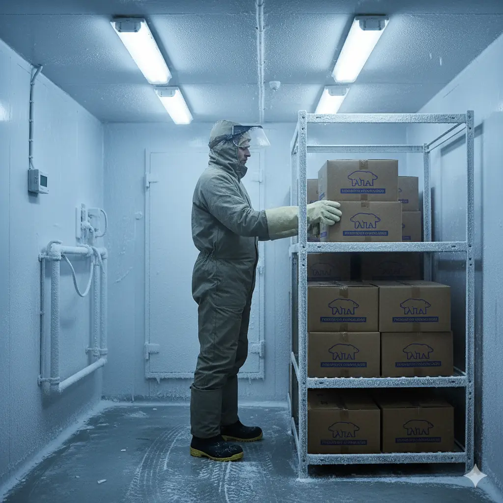 Trabajador en un cuarto frío vistiendo equipo de protección personal térmico completo, cumpliendo con la normatividad de SST.