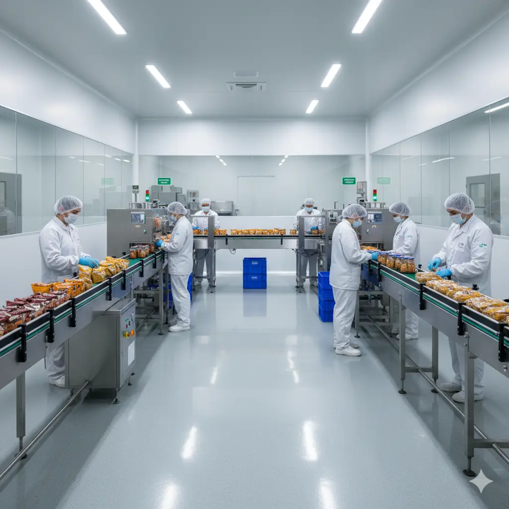 Planta de alimentos impecable y automatizada que demuestra la excelencia operativa y el cumplimiento con la certificación BRC.
