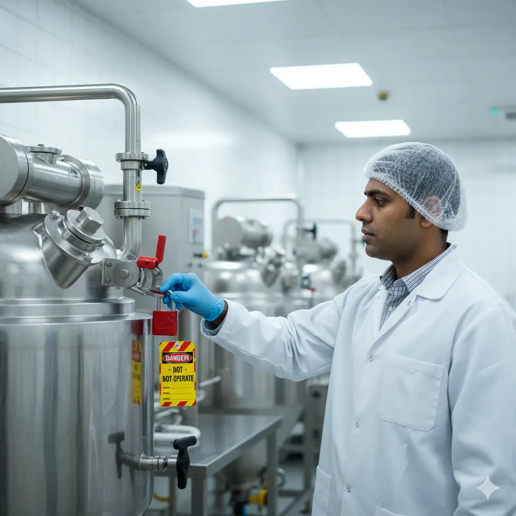 Trabajador de mantenimiento aplicando un sistema de bloqueo y etiquetado (LOTO) en una máquina de alimentos, conforme a la norma ISO 45001.