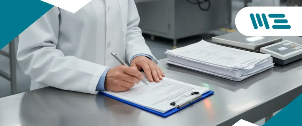 inspector-control-peso-neto-fda-nist auditor revisando registros de control de peso neto para verificar cumplimiento con fda y nist