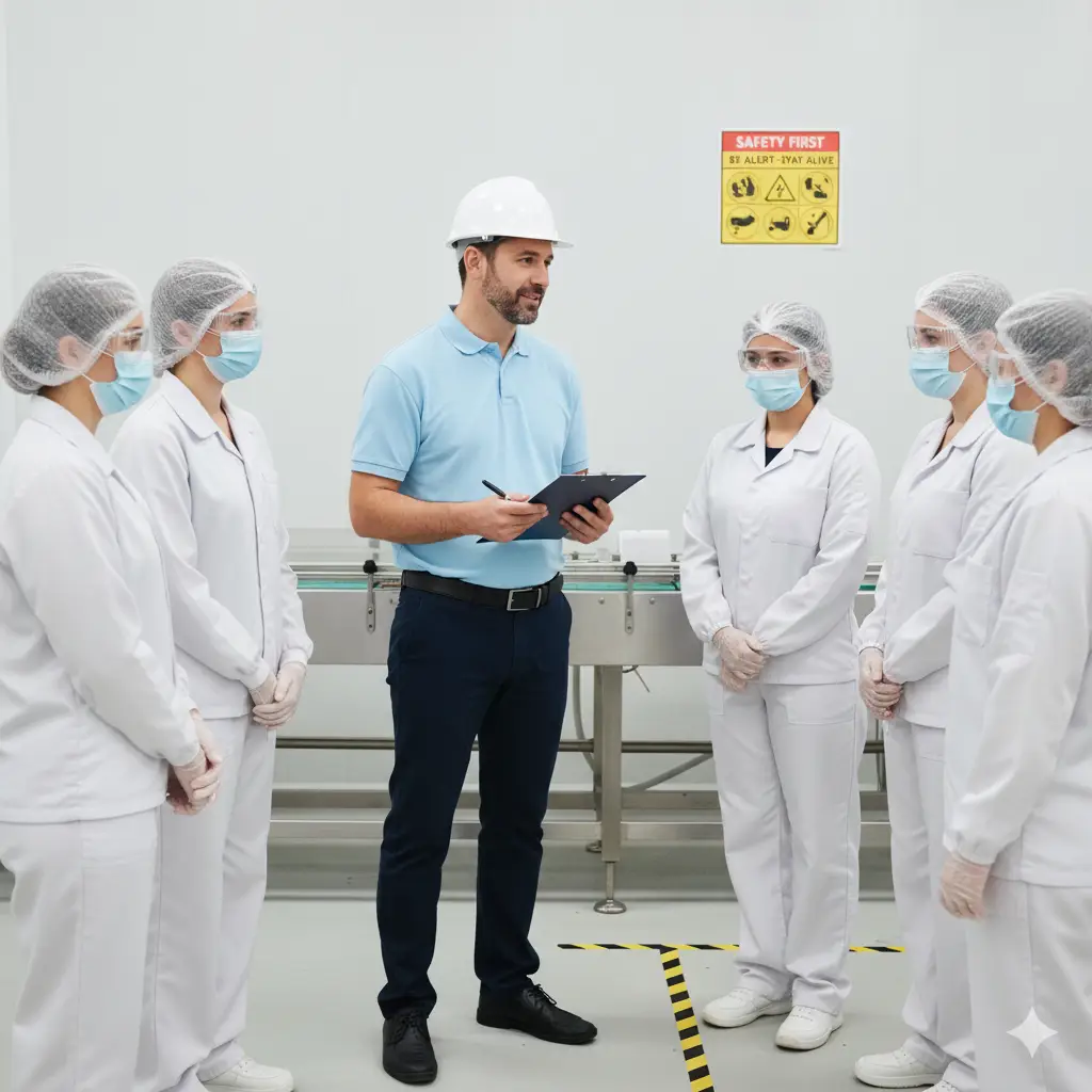 Supervisor liderando una charla de seguridad con su equipo en la planta de alimentos, demostrando el compromiso con la mejora continua de ISO 45001.