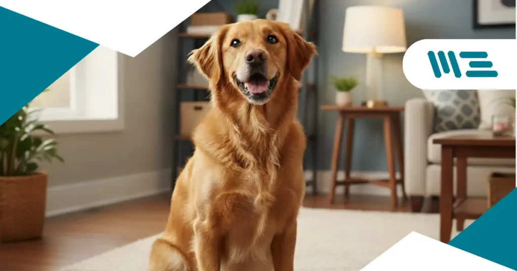 perro saludable junto a bowl con croquetas y ingredientes botánicos naturales como cúrcuma y cardo mariano, representando alimentos para mascotas regulados por fda y aafco