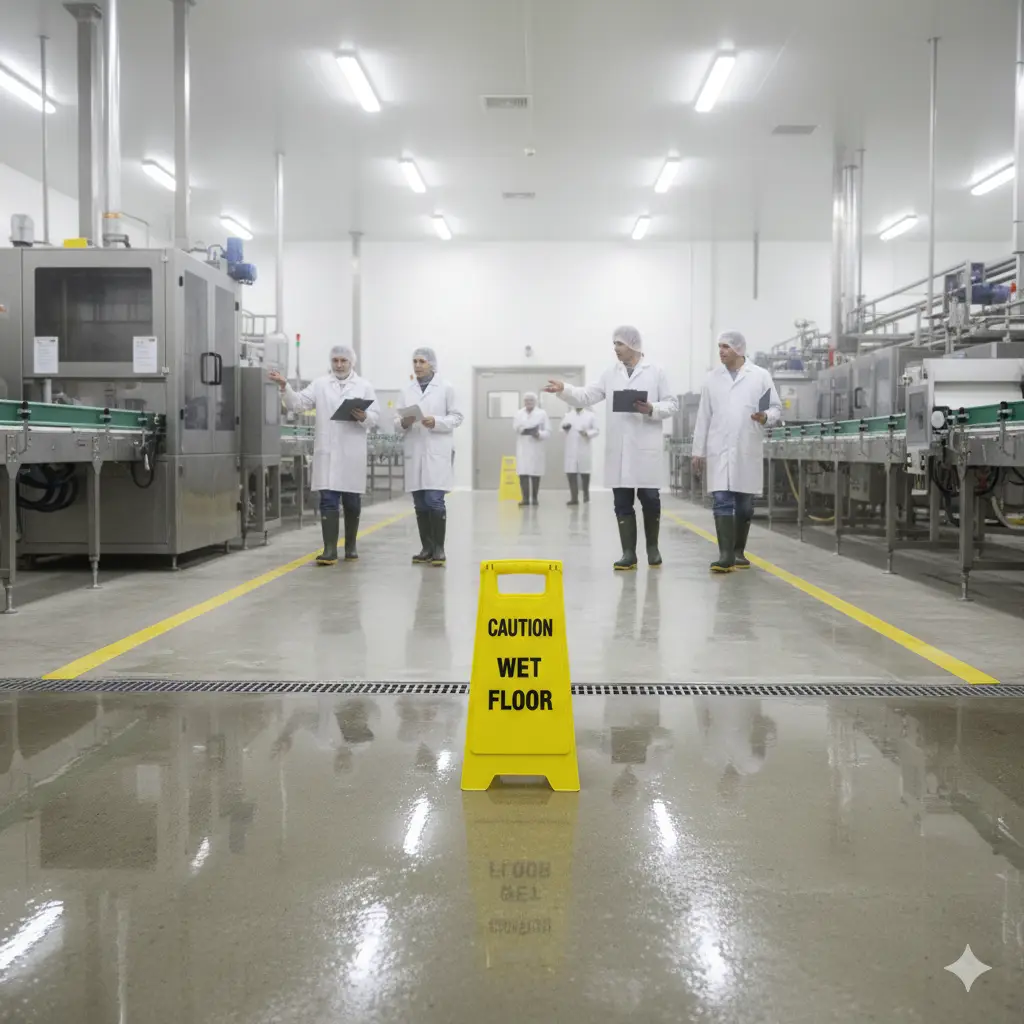 Señal de advertencia de "piso mojado" colocada visiblemente en una planta de alimentos para la prevención de caídas según la norma de SST.