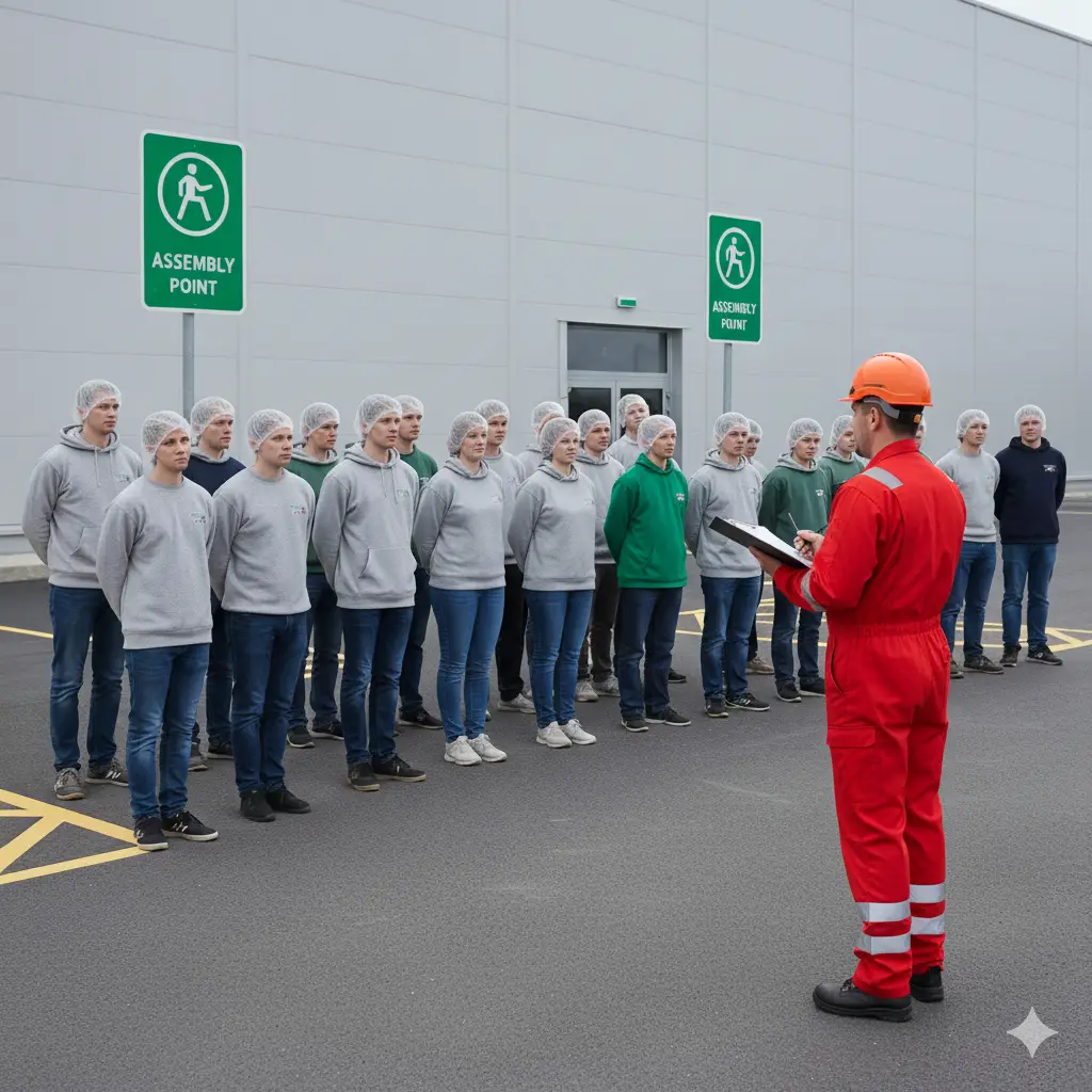 Empleados de la industria alimentaria reunidos en un punto de encuentro seguro durante un simulacro de evacuación para cumplir la normatividad.